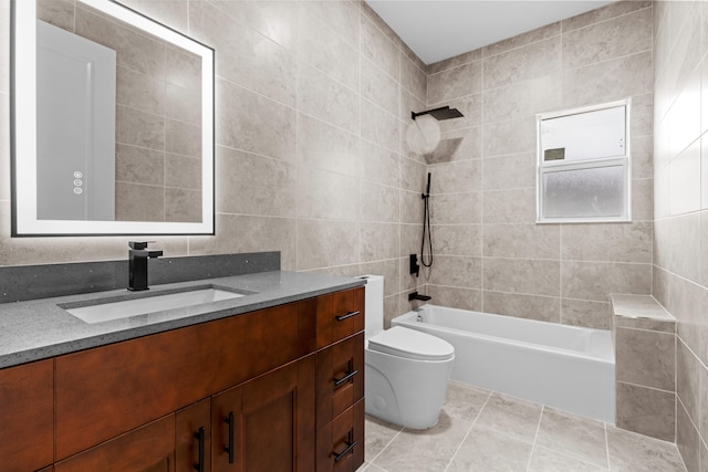 4037 SW Port St Lucie Blvd, Port Saint Lucie, FL 34953 - bathroom with toilet, vanity, tub / shower combination, and tile walls