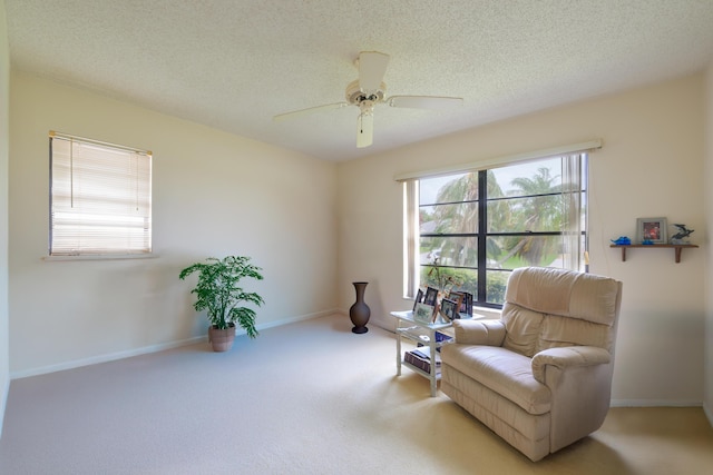 858 SE Roulette Ln, Port Saint Lucie, FL 34983 - sitting room featuring carpet flooring, a ceiling fan, baseboards, and a textured ceiling