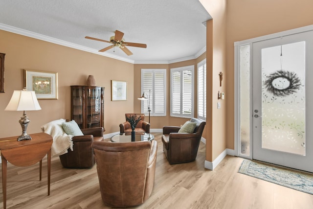 256 Coconut Pt, Jupiter, FL 33458 - living room with light wood-style floors, crown molding, a ceiling fan, baseboards, and a textured ceiling