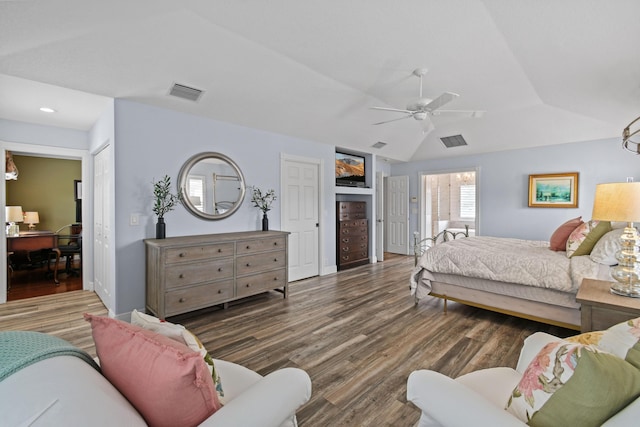 256 Coconut Pt, Jupiter, FL 33458 - bedroom with wood finished floors, lofted ceiling, a ceiling fan, recessed lighting, and baseboards