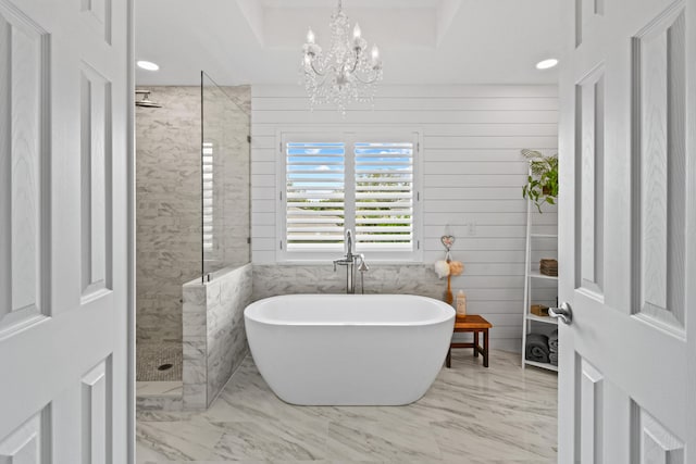 256 Coconut Pt, Jupiter, FL 33458 - full bathroom featuring walk in shower, a soaking tub, a chandelier, recessed lighting, and marble finish floors