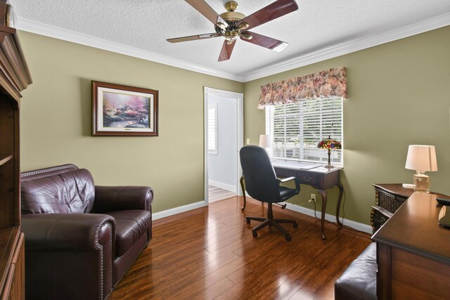 256 Coconut Pt, Jupiter, FL 33458 - home office with crown molding, wood finished floors, a ceiling fan, baseboards, and a textured ceiling