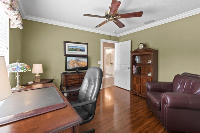 256 Coconut Pt, Jupiter, FL 33458 - home office featuring dark wood finished floors, ornamental molding, and ceiling fan