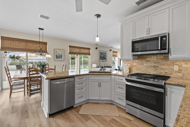 256 Coconut Pt, Jupiter, FL 33458 - kitchen featuring stainless steel appliances, a peninsula, light wood-style flooring, white cabinets, and a ceiling fan