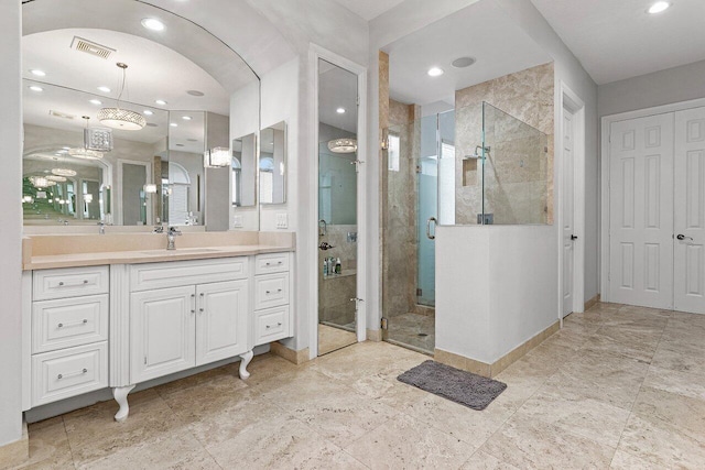 16370 Via Fontana, Delray Beach, FL 33484 - full bathroom with vanity, a stall shower, baseboards, and recessed lighting