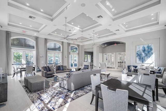 16370 Via Fontana, Delray Beach, FL 33484 - living area featuring a ceiling fan, a towering ceiling, coffered ceiling, ornamental molding, and beam ceiling
