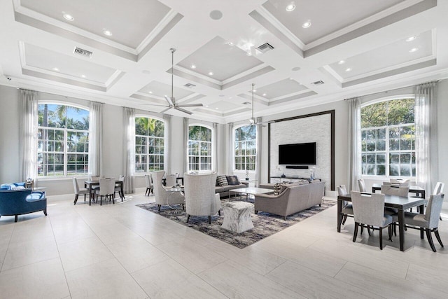 16370 Via Fontana, Delray Beach, FL 33484 - living room featuring a ceiling fan, coffered ceiling, ornamental molding, beamed ceiling, and baseboards