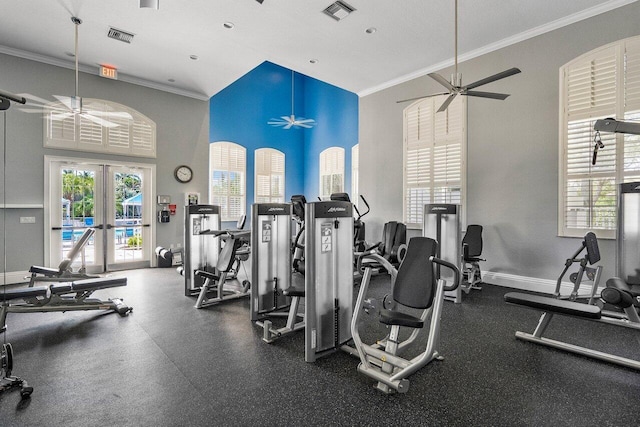 16370 Via Fontana, Delray Beach, FL 33484 - gym with ceiling fan, ornamental molding, french doors, a towering ceiling, and baseboards