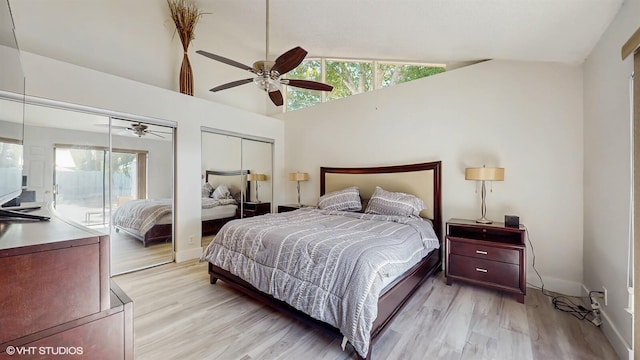 8912 Thumbwood Cir Unit C, Boynton Beach, FL 33436 - bedroom with access to exterior, multiple windows, light wood-style floors, high vaulted ceiling, and ceiling fan