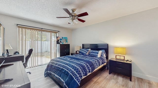 8912 Thumbwood Cir Unit C, Boynton Beach, FL 33436 - bedroom featuring access to outside, light wood-style flooring, a textured ceiling, baseboards, and a ceiling fan
