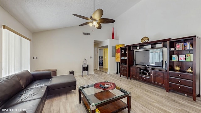 8912 Thumbwood Cir Unit C, Boynton Beach, FL 33436 - living room featuring ceiling fan, light wood-style floors, a textured ceiling, and high vaulted ceiling