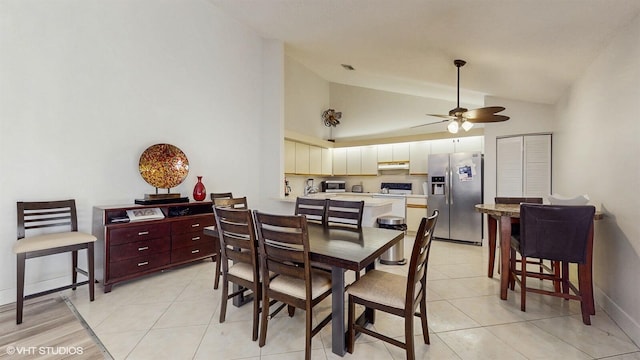 8912 Thumbwood Cir Unit C, Boynton Beach, FL 33436 - dining space with ceiling fan, baseboards, light tile patterned floors, and high vaulted ceiling