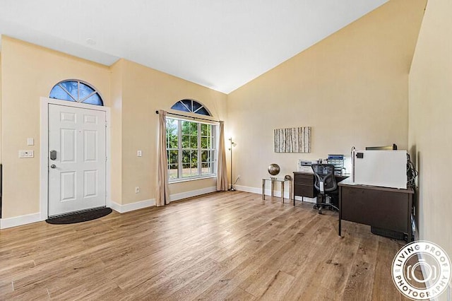 4038 Calamondin Blvd, The Acreage, FL 33470 - entryway featuring light wood-style flooring, high vaulted ceiling, and baseboards