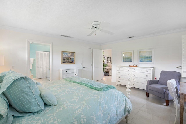 4483 Meadowlark Ln, Boynton Beach, FL 33436 - bedroom featuring crown molding, light tile patterned floors, and ceiling fan