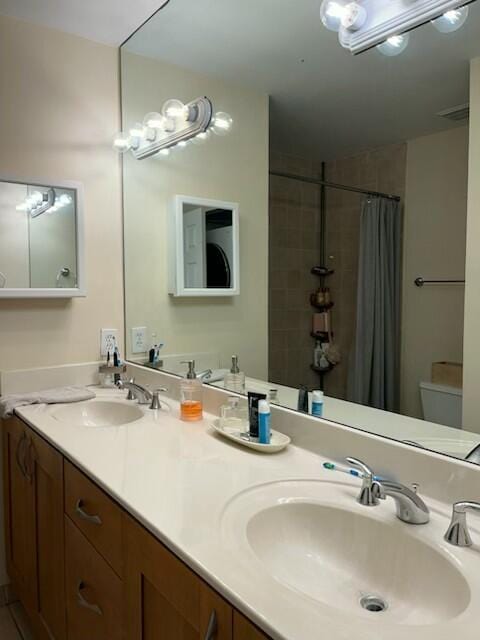 3153 Clint Moore Rd Unit 204, Boca Raton, FL 33496 - bathroom featuring toilet, double vanity, and a shower with shower curtain