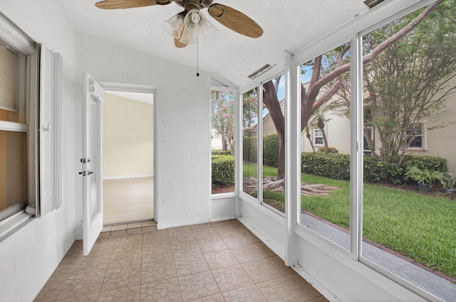 6095 Floral Lakes Dr, Delray Beach, FL 33484 - unfurnished sunroom featuring a ceiling fan and lofted ceiling
