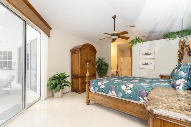 256 Eagleton Estates Blvd, Palm Beach Gardens, FL 33418 - bedroom featuring access to outside, vaulted ceiling, multiple windows, light tile patterned flooring, and a ceiling fan