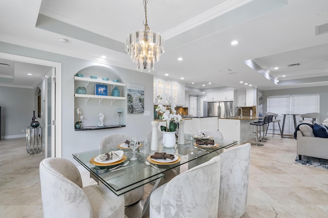 1948 Coco Palm Pl, Lauderdale By The Sea, FL 33062 - dining room with a raised ceiling, crown molding, recessed lighting, and a chandelier