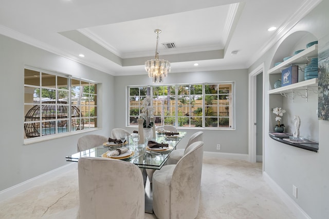 1948 Coco Palm Pl, Lauderdale By The Sea, FL 33062 - dining area with a chandelier, a tray ceiling, ornamental molding, baseboards, and recessed lighting