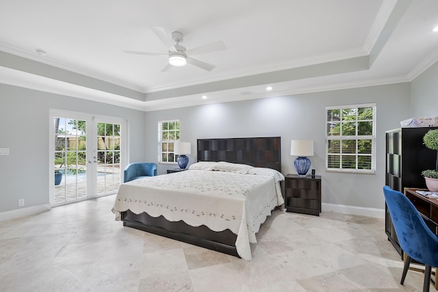 1948 Coco Palm Pl, Lauderdale By The Sea, FL 33062 - bedroom featuring a raised ceiling, crown molding, access to exterior, french doors, and baseboards