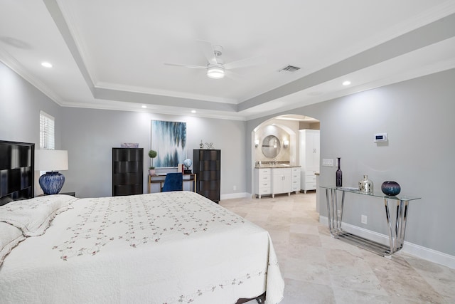 1948 Coco Palm Pl, Lauderdale By The Sea, FL 33062 - bedroom featuring a tray ceiling, arched walkways, crown molding, baseboards, and recessed lighting