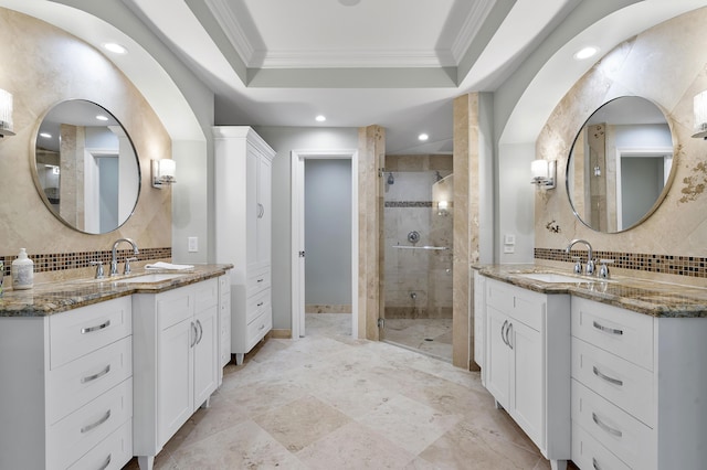1948 Coco Palm Pl, Lauderdale By The Sea, FL 33062 - full bath with tasteful backsplash, a shower stall, two vanities, crown molding, and recessed lighting