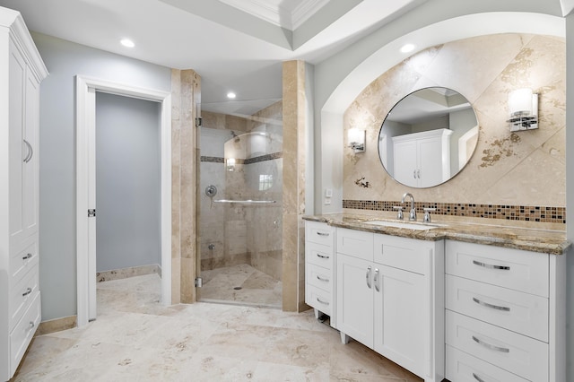 1948 Coco Palm Pl, Lauderdale By The Sea, FL 33062 - full bathroom with crown molding, a stall shower, vanity, tasteful backsplash, and recessed lighting