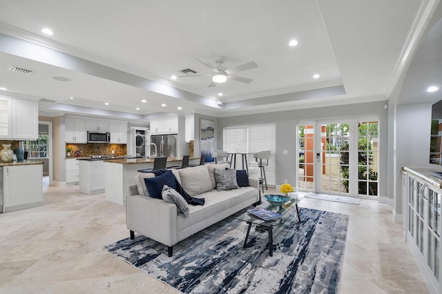 1948 Coco Palm Pl, Lauderdale By The Sea, FL 33062 - living area with a tray ceiling, ceiling fan, crown molding, recessed lighting, and baseboards