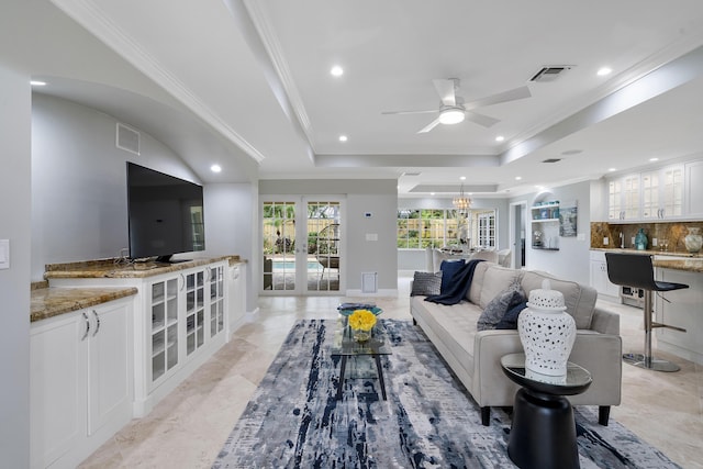 1948 Coco Palm Pl, Lauderdale By The Sea, FL 33062 - living room featuring a ceiling fan, recessed lighting, a tray ceiling, and ornamental molding