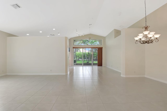 9066 Bay Harbour Cir, West Palm Beach, FL 33411 - empty room with light tile patterned floors, lofted ceiling, a chandelier, baseboards, and recessed lighting