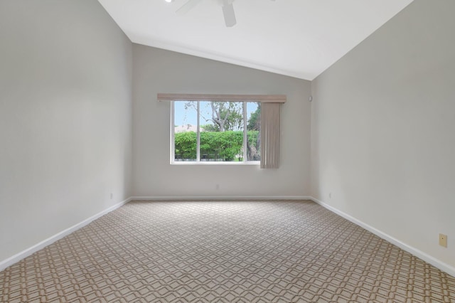 9066 Bay Harbour Cir, West Palm Beach, FL 33411 - carpeted spare room featuring ceiling fan, lofted ceiling, and baseboards