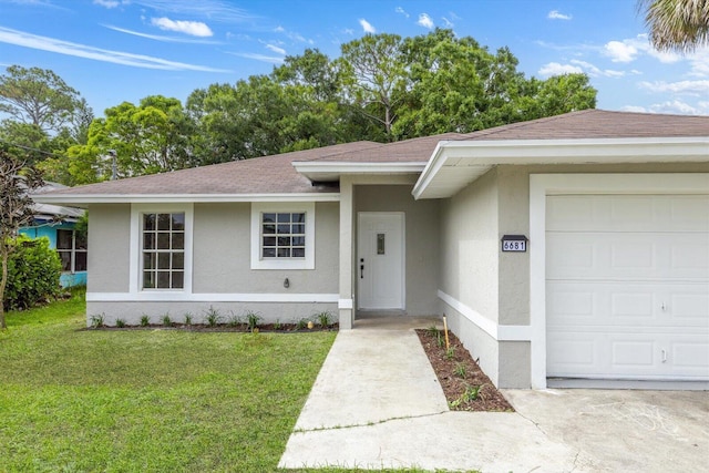 6681 4th St, Jupiter, FL 33458 - ranch-style home with stucco siding, a front lawn, a shingled roof, and an attached garage