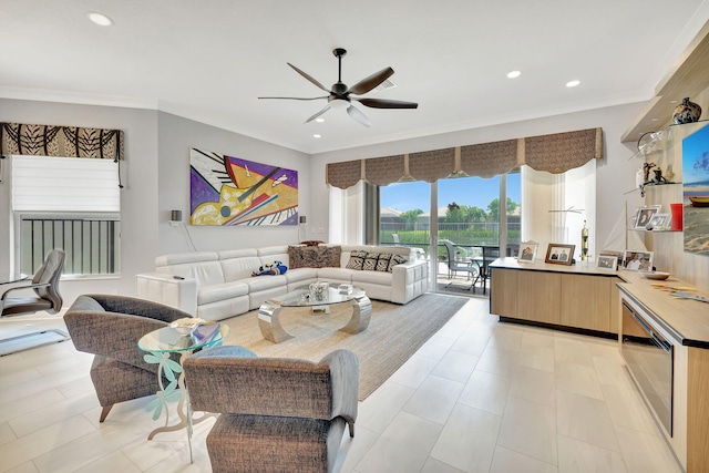 8680 Carmel Mountain Way, Boynton Beach, FL 33473 - living area featuring ceiling fan, recessed lighting, and crown molding