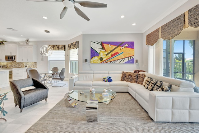 8680 Carmel Mountain Way, Boynton Beach, FL 33473 - living room featuring ornamental molding, recessed lighting, and a ceiling fan