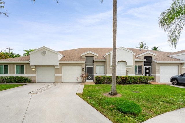 9165 Vineland Ct Unit B, Boca Raton, FL 33496 - view of front of home featuring stucco siding, a front lawn, concrete driveway, an attached garage, and roof with shingles