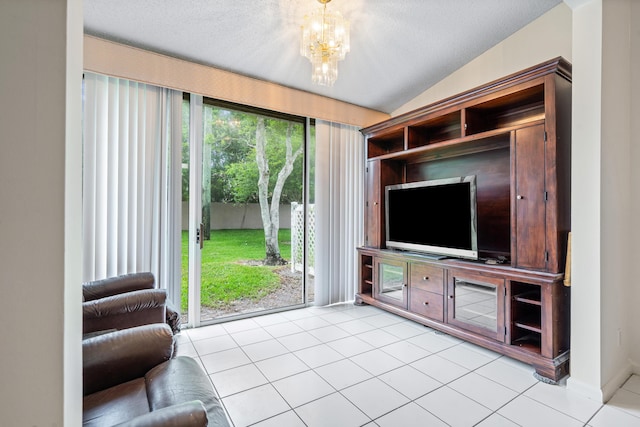 9165 Vineland Ct Unit B, Boca Raton, FL 33496 - unfurnished living room featuring a chandelier, light tile patterned flooring, and lofted ceiling