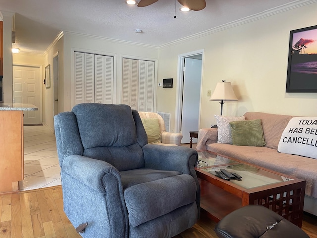 3313 Sherwood Blvd, Delray Beach, FL 33445 - living room with ornamental molding, ceiling fan, light wood-type flooring, and recessed lighting