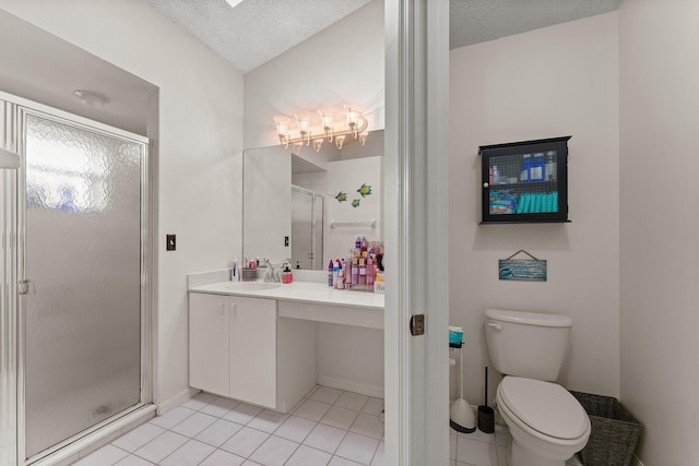504 SW Pea Ct, Port Saint Lucie, FL 34953 - full bathroom with tile patterned floors, a shower stall, vanity, toilet, and a textured ceiling