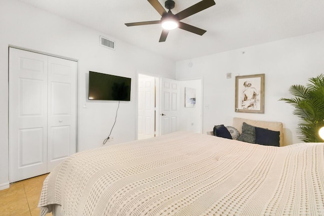 2916 Tuscany Ct Unit 104, Palm Beach Gardens, FL 33410 - bedroom featuring a closet, light tile patterned flooring, and ceiling fan