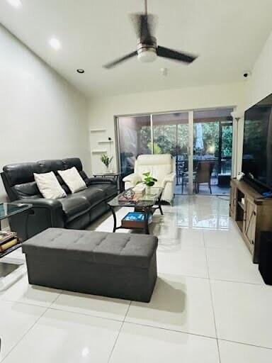 7624 Pinewalk Dr S Unit 147, Margate, FL 33063 - living area with tile patterned floors, ceiling fan, and recessed lighting