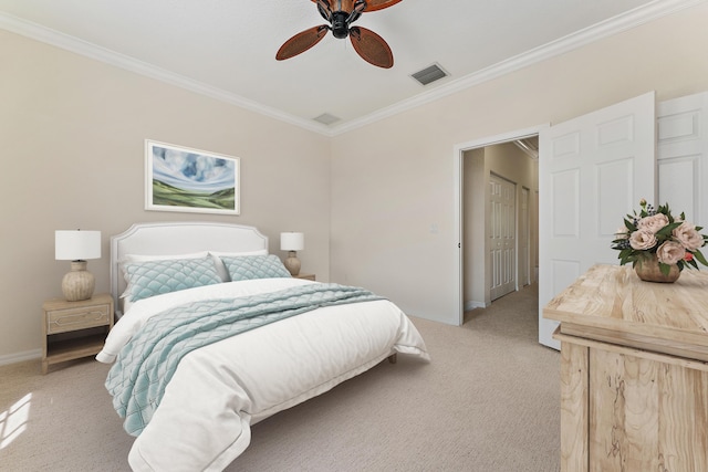 128 W Thatch Palm Cir, Jupiter, FL 33458 - bedroom featuring light colored carpet, ornamental molding, baseboards, and a ceiling fan