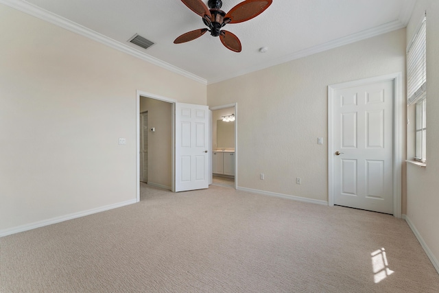 128 W Thatch Palm Cir, Jupiter, FL 33458 - unfurnished bedroom featuring crown molding, light carpet, baseboards, and ensuite bath