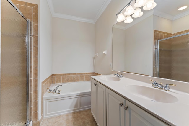 128 W Thatch Palm Cir, Jupiter, FL 33458 - full bath with a stall shower, crown molding, a bath, double vanity, and tile patterned flooring