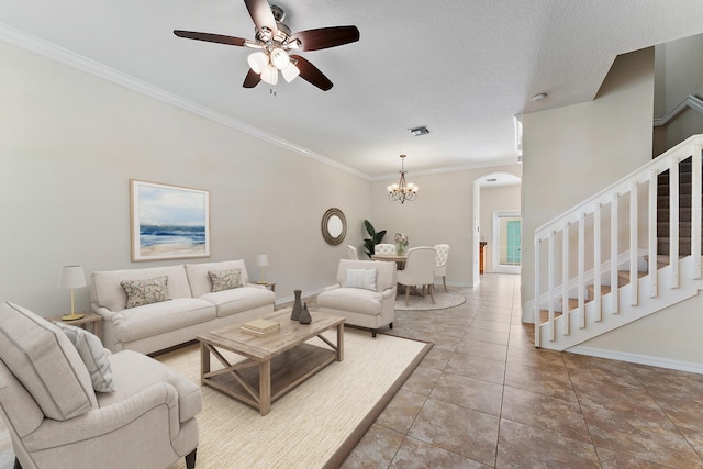 128 W Thatch Palm Cir, Jupiter, FL 33458 - tiled living room with stairs, a ceiling fan, arched walkways, baseboards, and ornamental molding