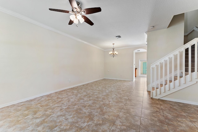 128 W Thatch Palm Cir, Jupiter, FL 33458 - tiled spare room with stairway, a ceiling fan, a chandelier, arched walkways, and crown molding
