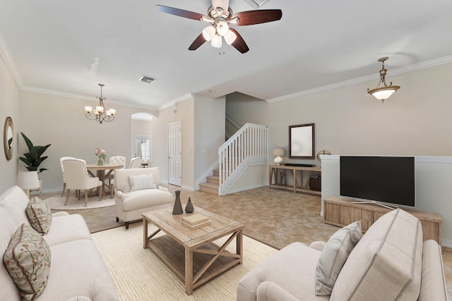 128 W Thatch Palm Cir, Jupiter, FL 33458 - living room featuring stairway, a chandelier, ceiling fan, ornamental molding, and arched walkways