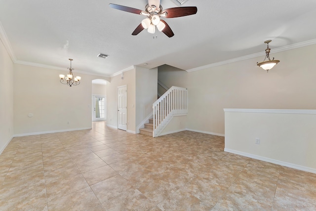 128 W Thatch Palm Cir, Jupiter, FL 33458 - unfurnished living room with a ceiling fan, stairs, a chandelier, ornamental molding, and arched walkways
