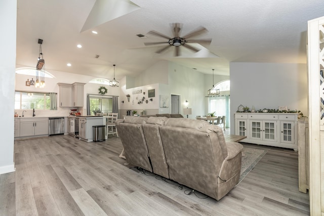 17069 81st Ln N, Loxahatchee, FL 33470 - living room featuring a chandelier, healthy amount of natural light, recessed lighting, a ceiling fan, and high vaulted ceiling