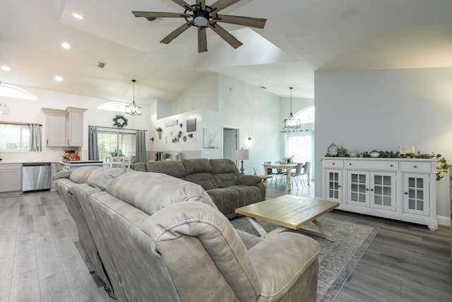 17069 81st Ln N, Loxahatchee, FL 33470 - living area featuring a chandelier, healthy amount of natural light, recessed lighting, a ceiling fan, and high vaulted ceiling