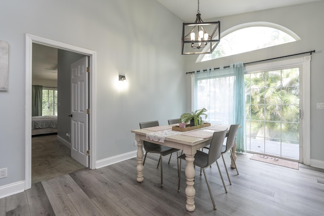 17069 81st Ln N, Loxahatchee, FL 33470 - dining space featuring a chandelier, a high ceiling, wood finished floors, and baseboards